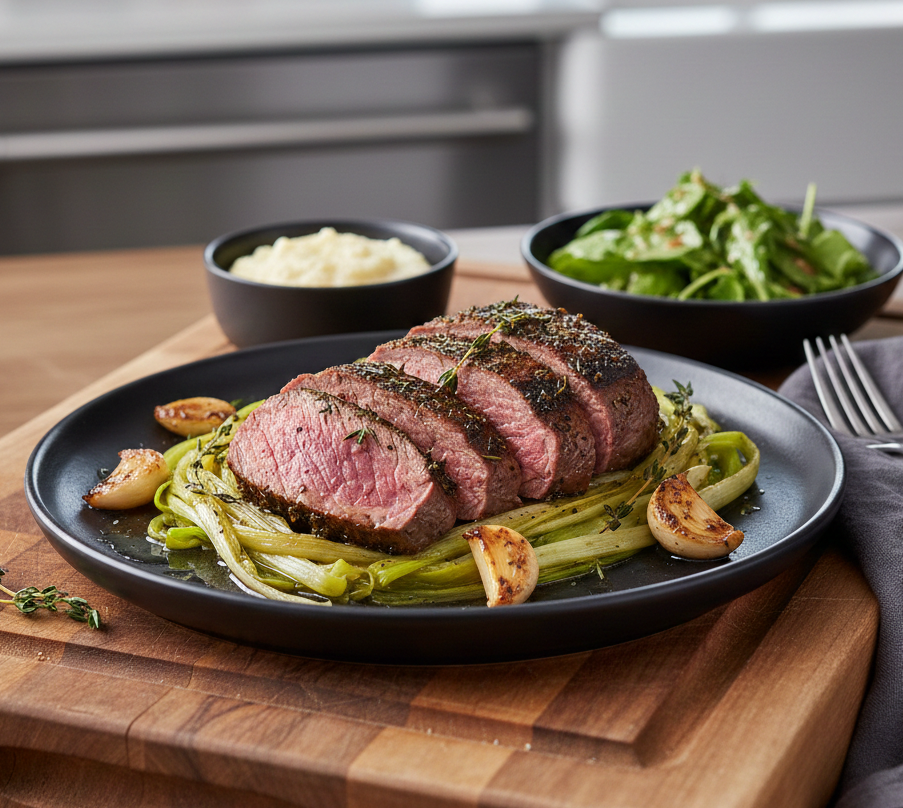 Tender Deer Backstrap with Braised Leeks
