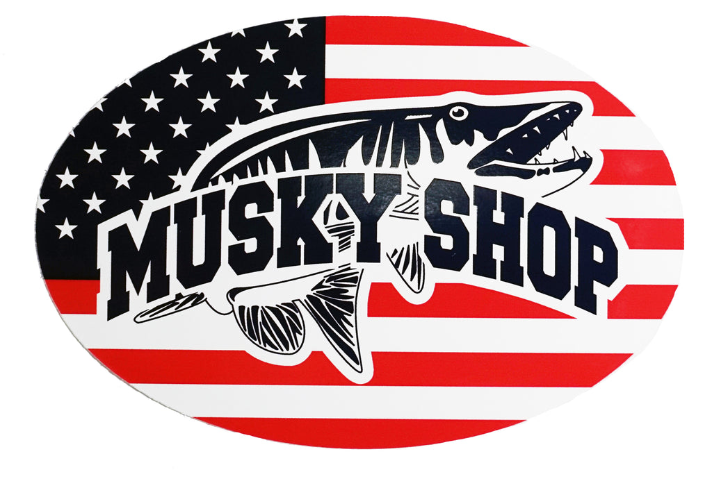 Musky Shop Oval Red White Blue Flag Decal